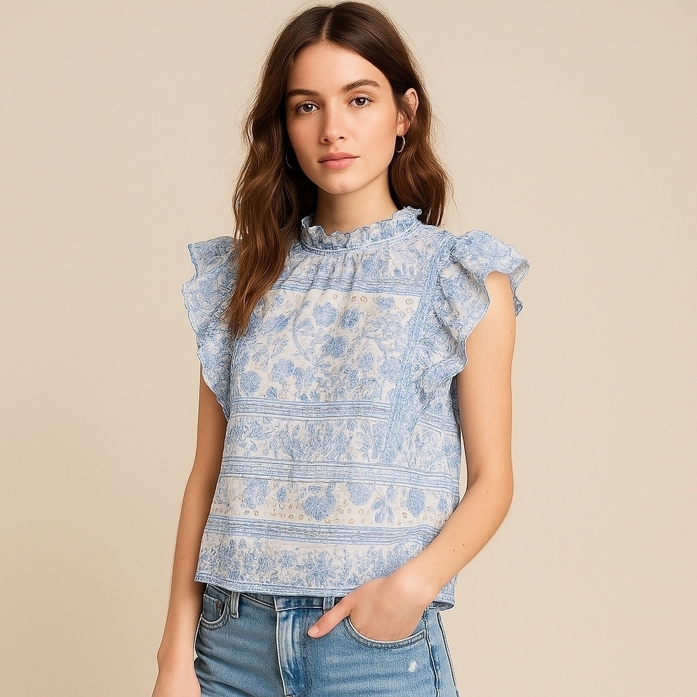 BCBGMAXAZRIA Blue Floral Eyelet Sleeveless Blouse – Size M